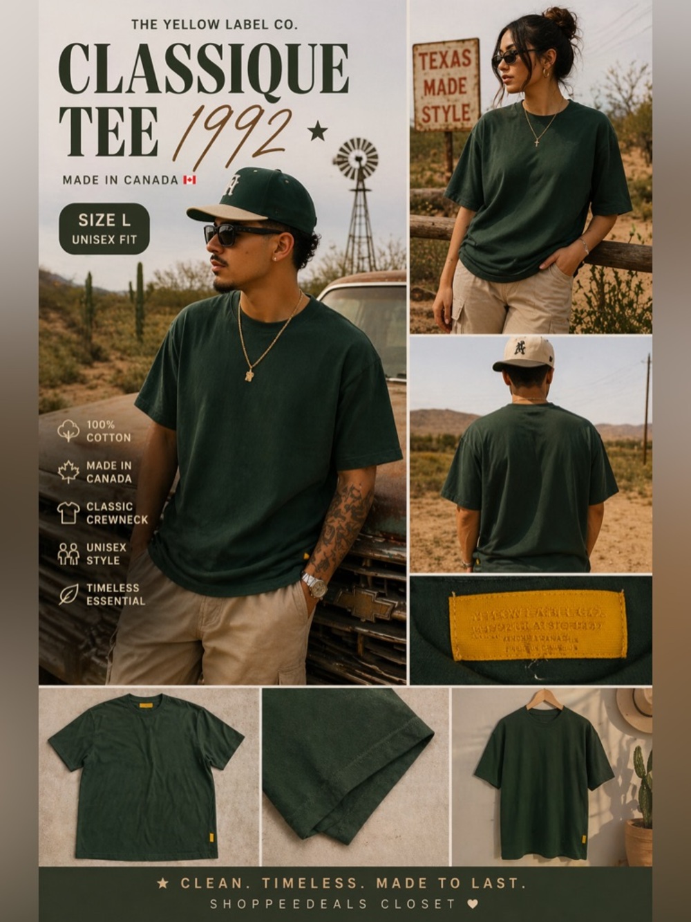 The Yellow Label Co. 1992 Classique Tee Green Cotton Made in Canada Size L